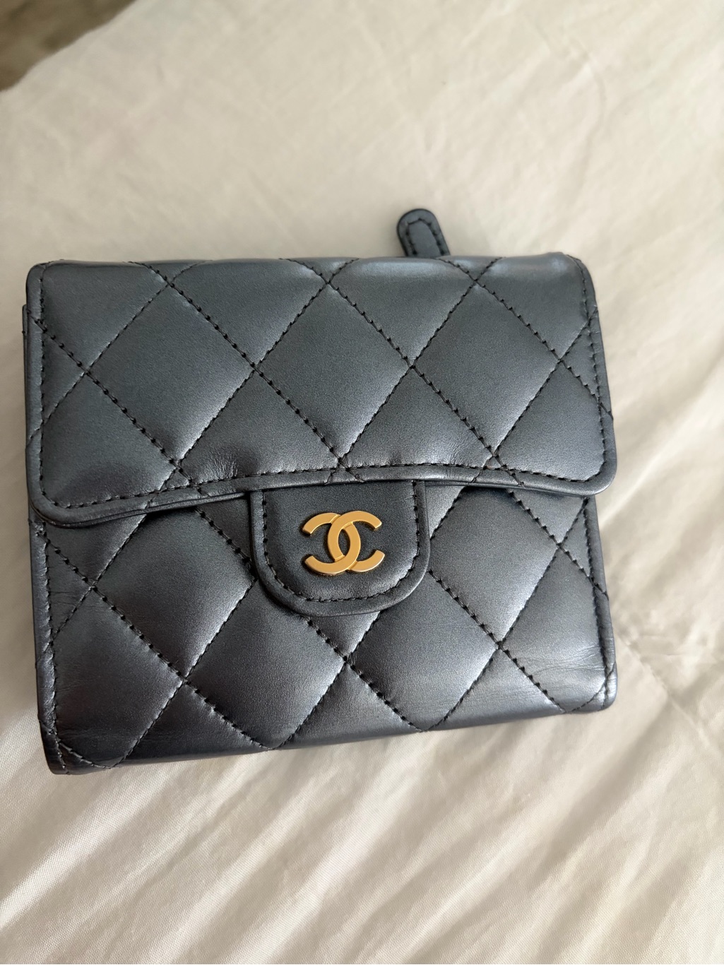 Chanel Black Quilted Leather Wallet With Gold Cc Emblem